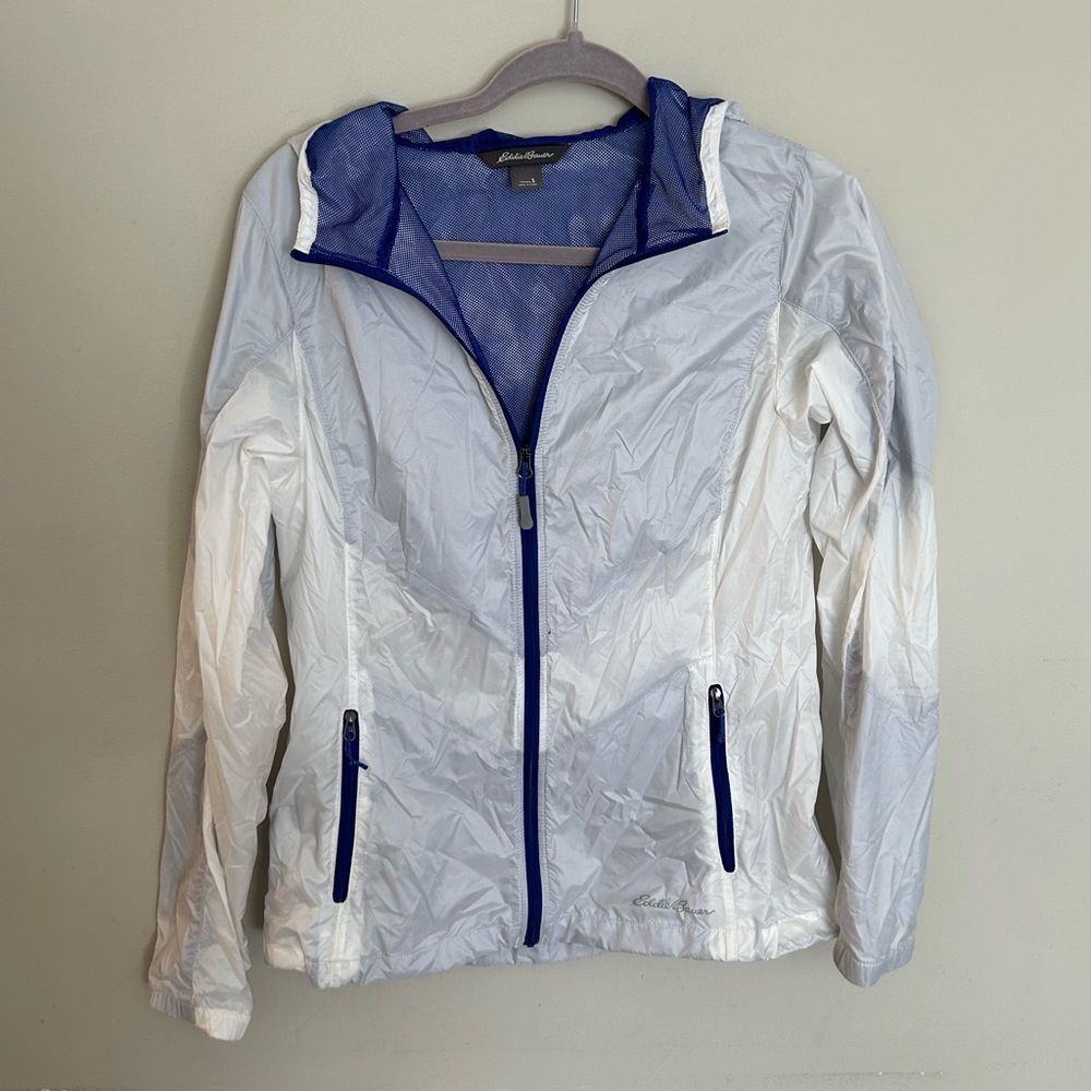 Eddie Bauer Women’s Size Small Packable Windbreaker White Blue Lightweight